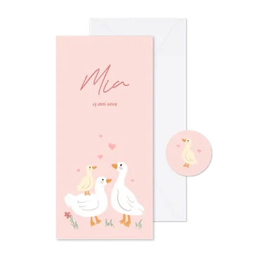 Langwerpig geboortekaartje met schattige eendjes roze